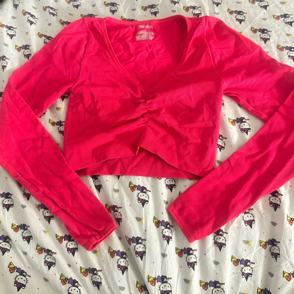 target hot/neon pink long sleeve crop top size small